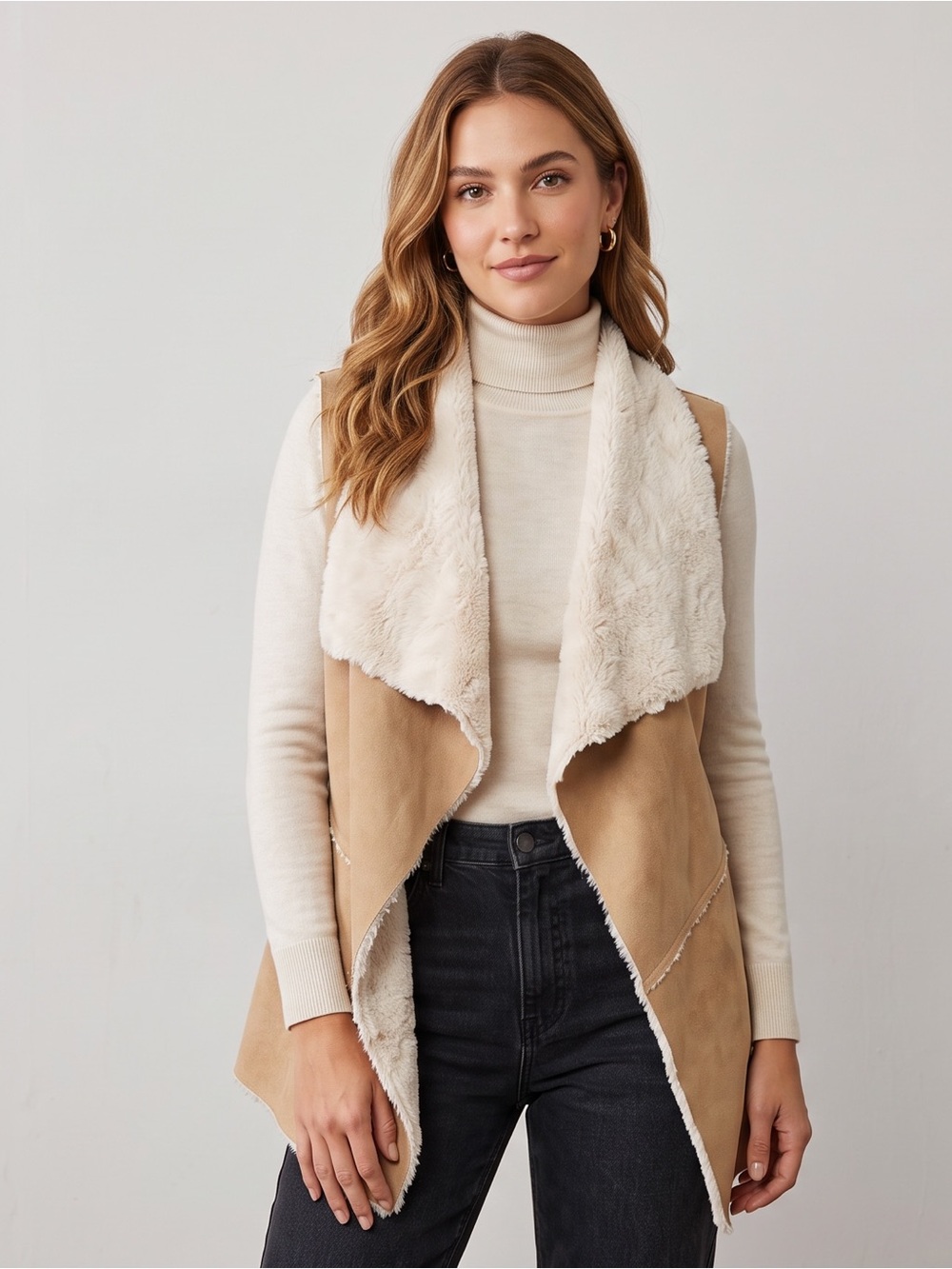 Open-Front Vegan Suede Sherpa Shearling Collar Vest Pockets Neutral Cream & Tan